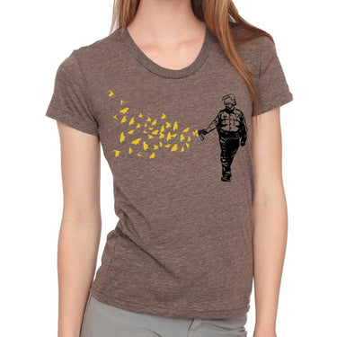 cop pepper spraying butterflies and birds women's t-shirt